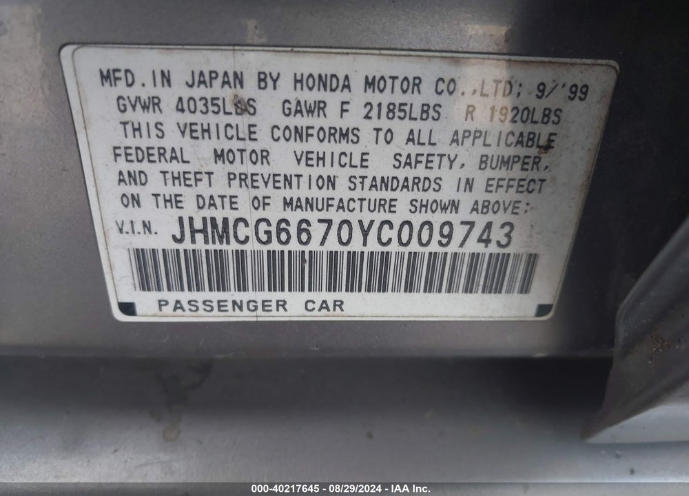 2000 HONDA ACCORD 2.3 EX VIN: JHMCG6670YC009743