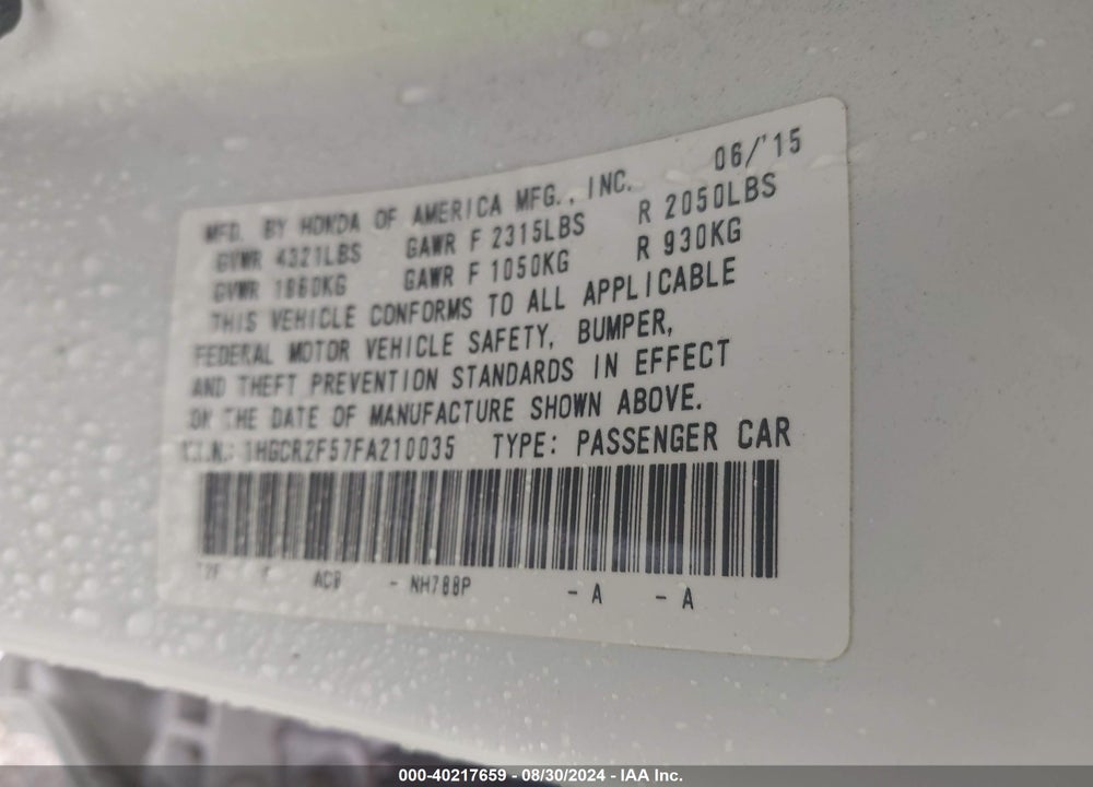 2015 HONDA ACCORD SPORT VIN: 1HGCR2F57FA210035