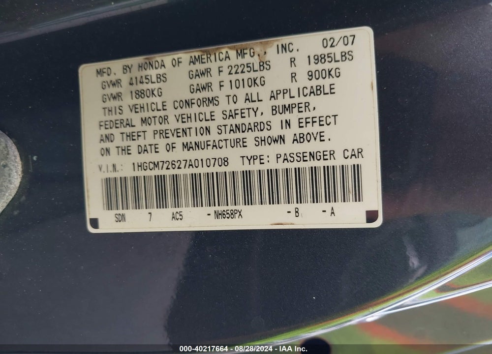 2007 HONDA ACCORD VIN: 1HGCM72627A010708