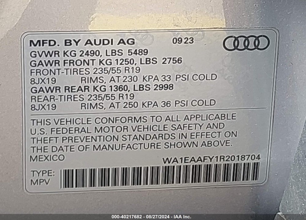 2024 AUDI Q5 VIN: WA1EAAFY1R2018704