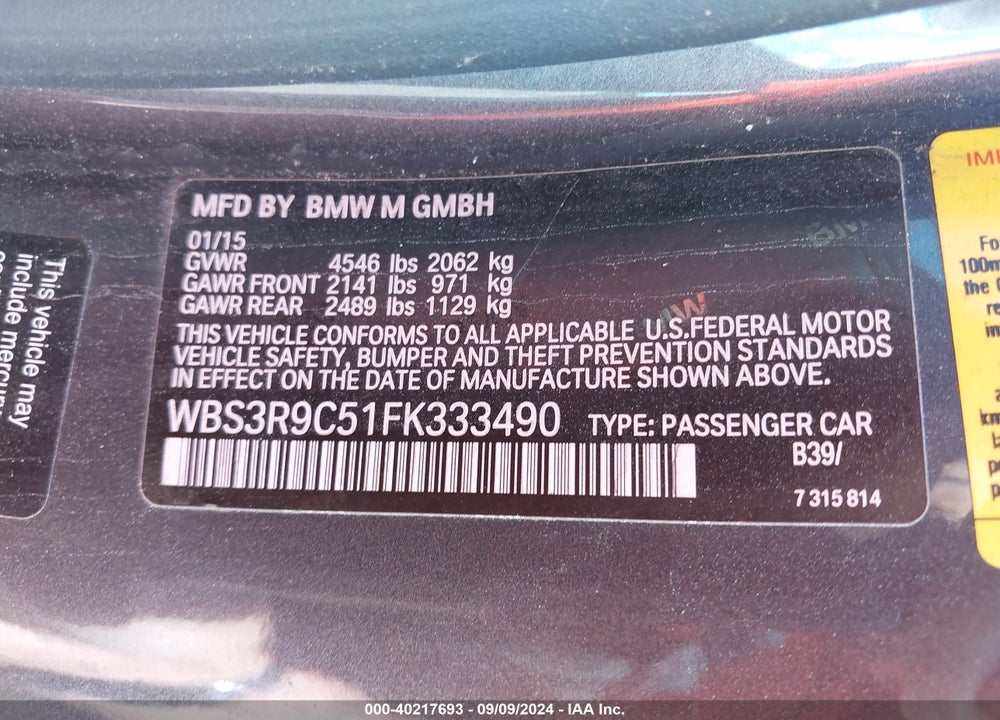 2015 BMW M4 VIN: WBS3R9C51FK333490