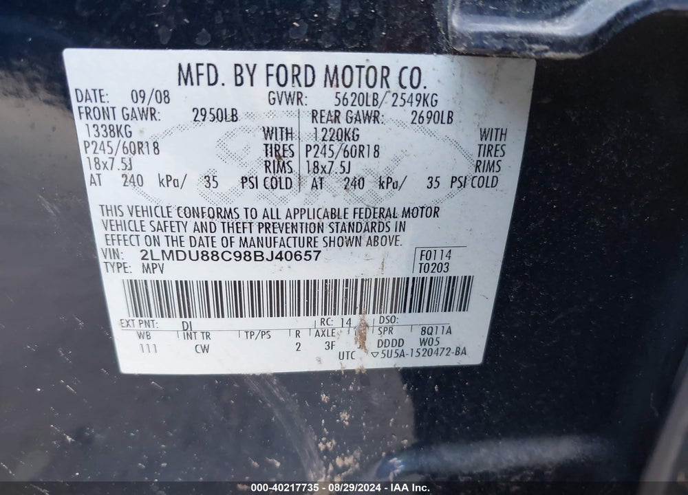 2008 LINCOLN MKX VIN: 2LMDU88C98BJ40657