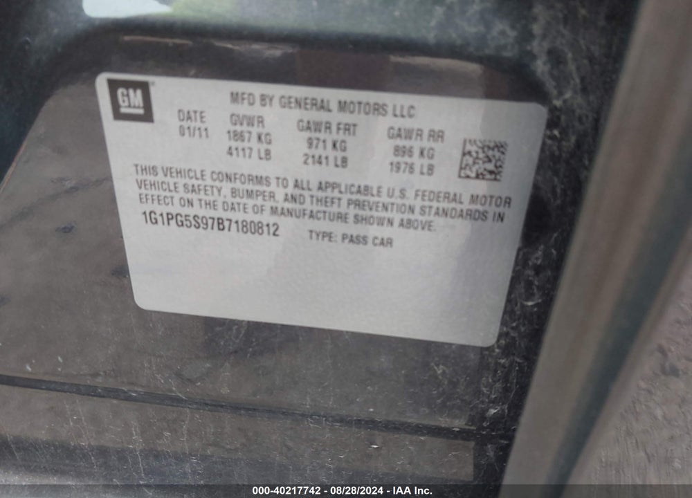 2011 CHEVROLET CRUZE VIN: 1G1PG5S97B7180812