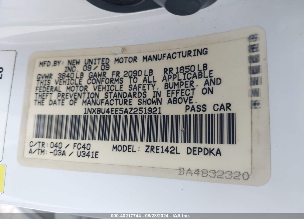 2010 TOYOTA COROLLA LE VIN: 1NXBU4EE5AZ251921