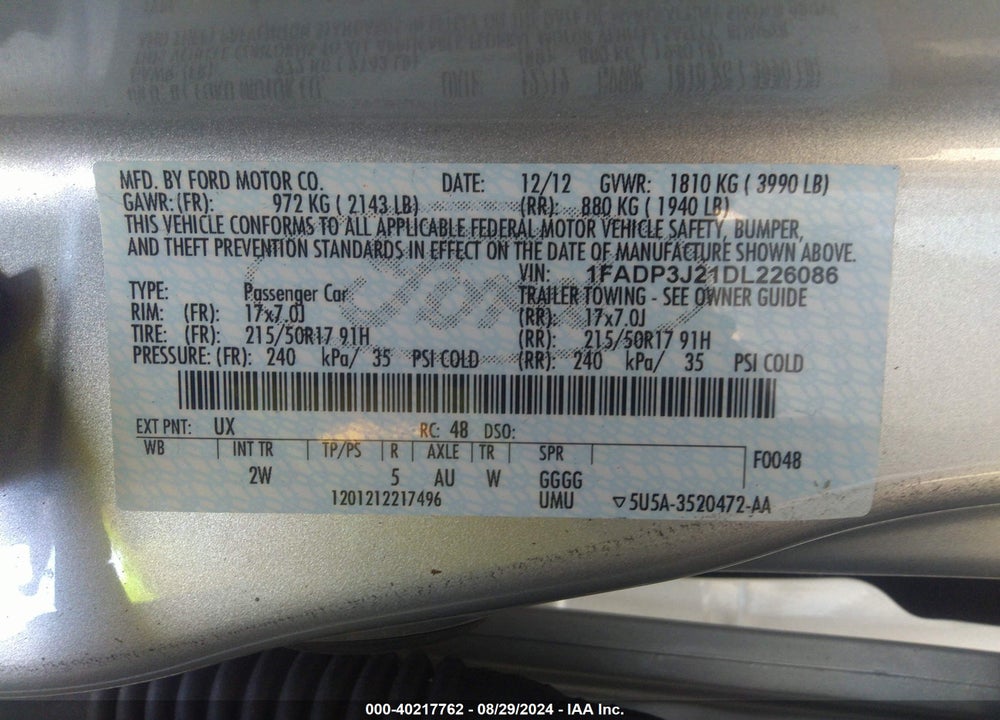 2013 FORD FOCUS TITANIUM VIN: 1FADP3J21DL226086
