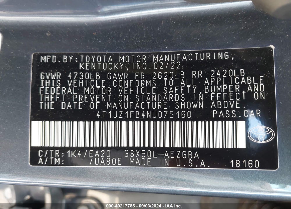 2022 TOYOTA AVALON XLE VIN: 4T1JZ1FB4NU075160