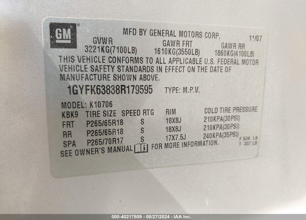 2008 CADILLAC ESCALADE STANDARD VIN: 1GYFK63838R179595