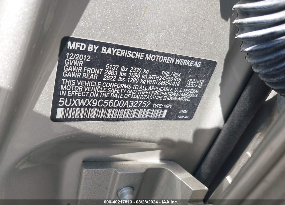 2013 BMW X3 XDRIVE28I VIN: 5UXWX9C56D0A32752