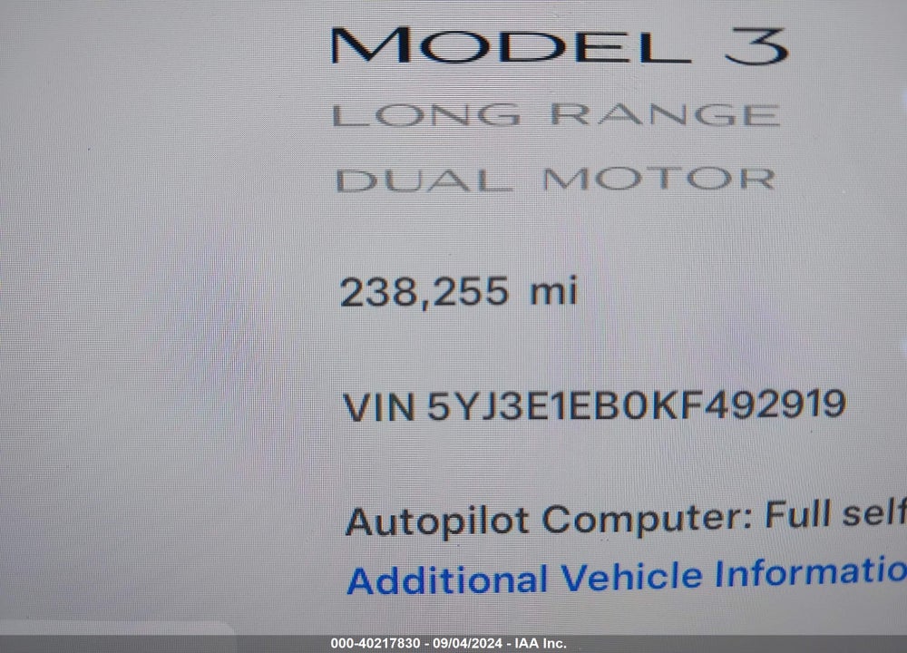 2019 TESLA MODEL 3 LONG RANGE/PERFORMANCE VIN: 5YJ3E1EB0KF492919