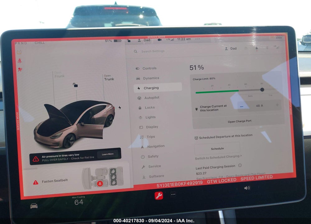 2019 TESLA MODEL 3 LONG RANGE/PERFORMANCE VIN: 5YJ3E1EB0KF492919