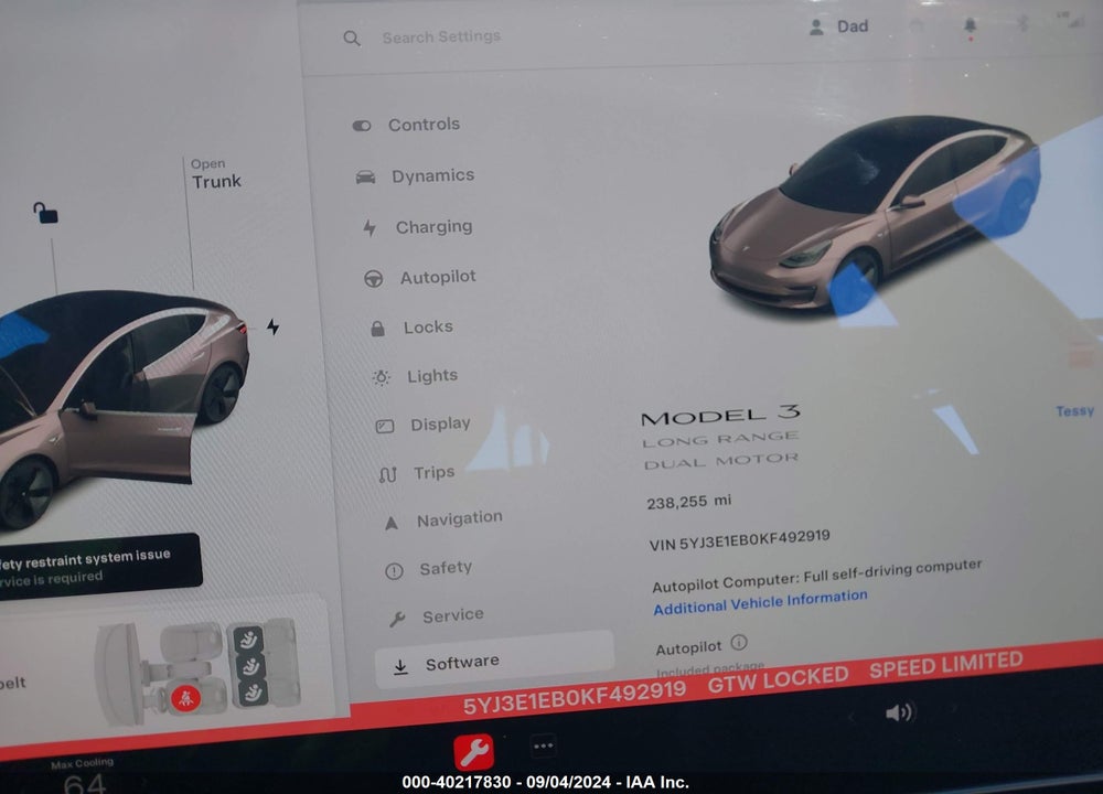 2019 TESLA MODEL 3 LONG RANGE/PERFORMANCE VIN: 5YJ3E1EB0KF492919