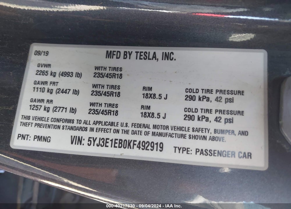 2019 TESLA MODEL 3 LONG RANGE/PERFORMANCE VIN: 5YJ3E1EB0KF492919
