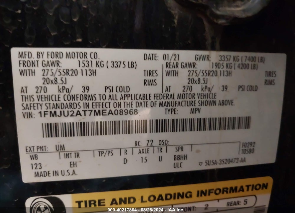 2021 FORD EXPEDITION LIMITED VIN: 1FMJU2AT7MEA08968