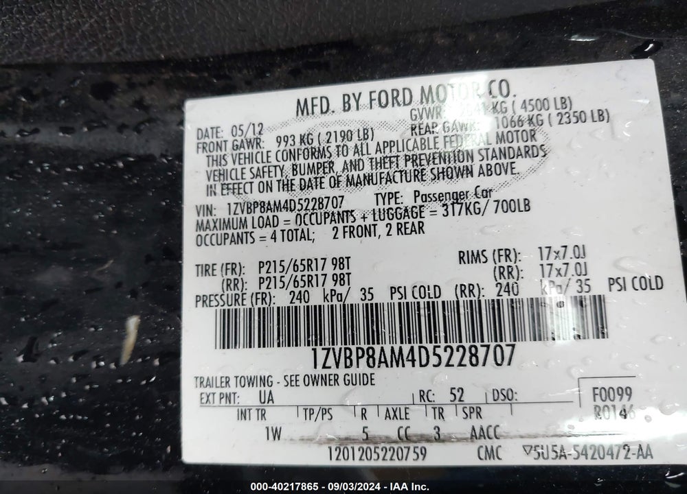 2013 FORD MUSTANG V6 VIN: 1ZVBP8AM4D5228707