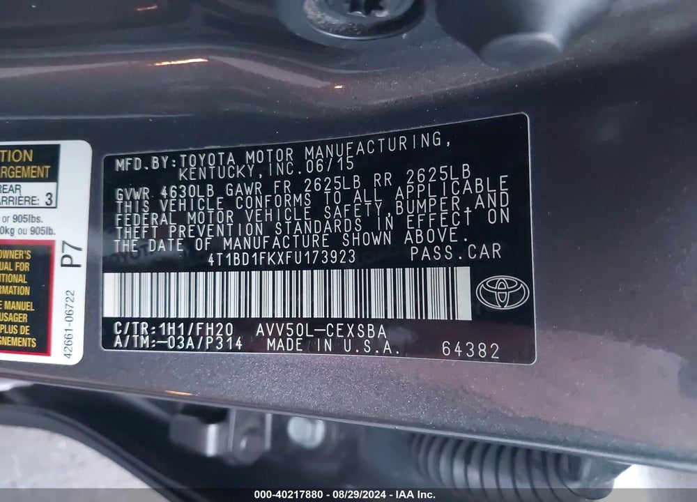 2015 TOYOTA CAMRY HYBRID SE VIN: 4T1BD1FKXFU173923