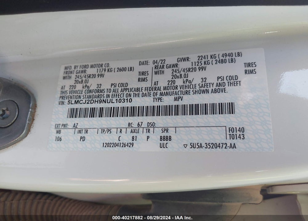 2022 LINCOLN CORSAIR RESERVE VIN: 5LMCJ2DH9NUL10310
