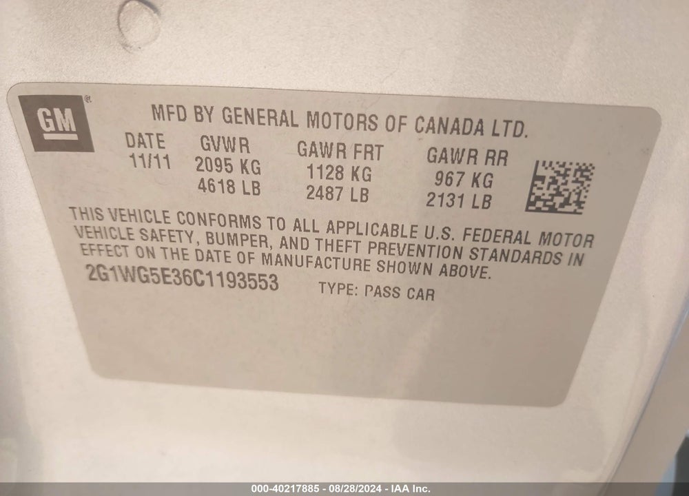 2012 CHEVROLET IMPALA LT VIN: 2G1WG5E36C1193553