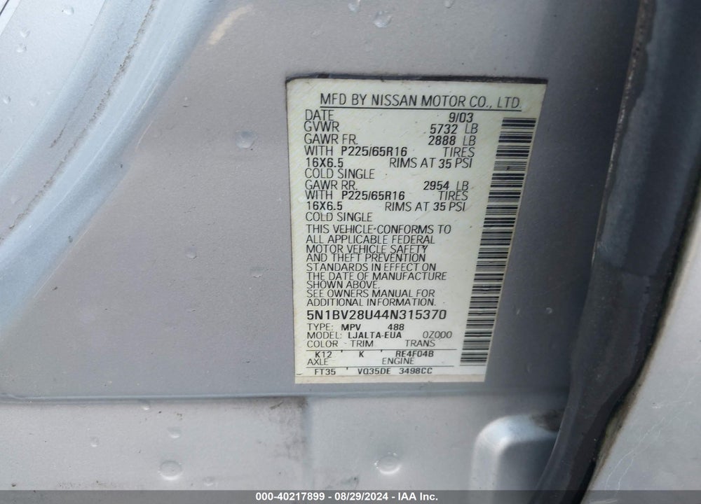 2004 NISSAN QUEST 3.5 SL VIN: 5N1BV28U44N315370