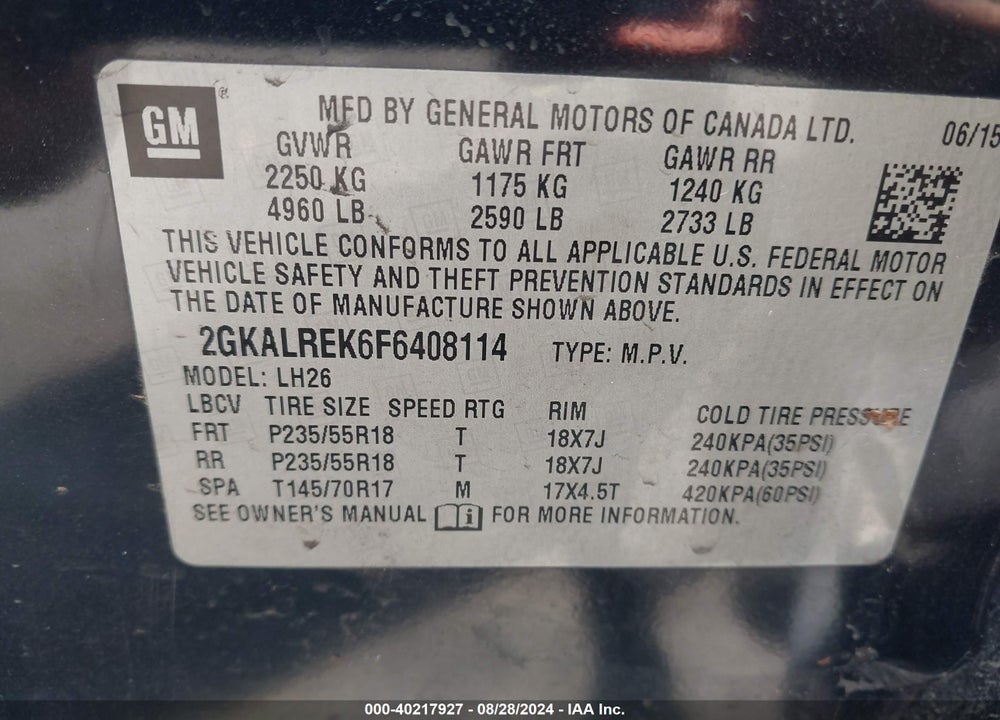 2015 GMC TERRAIN SLE-2 VIN: 2GKALREK6F6408114