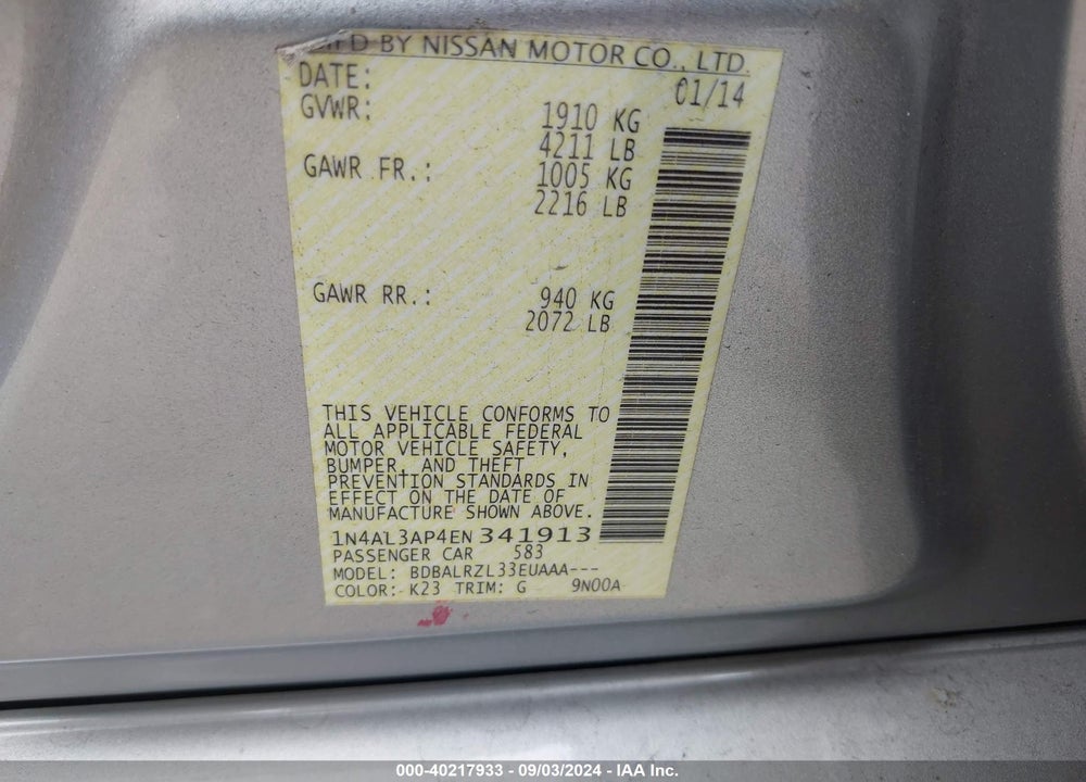 2014 NISSAN ALTIMA 2.5 S VIN: 1N4AL3AP4EN341913