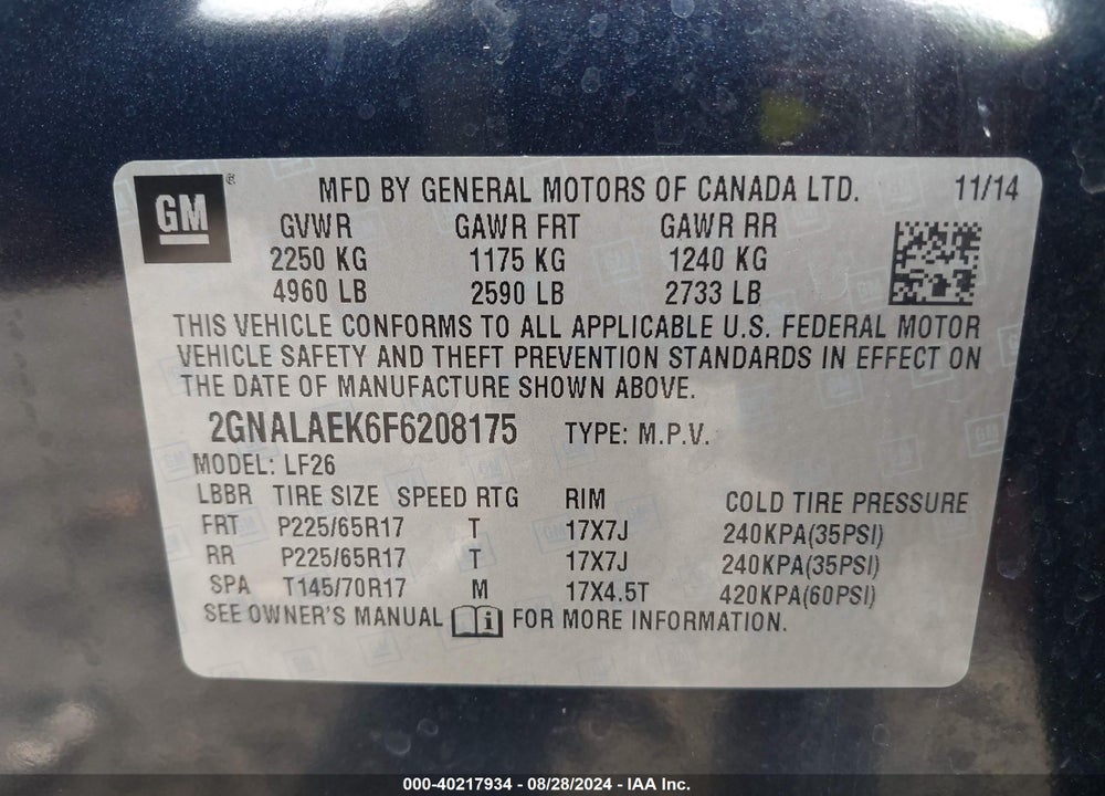 2015 CHEVROLET EQUINOX LS VIN: 2GNALAEK6F6208175