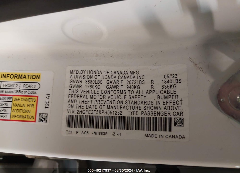 2023 HONDA CIVIC SPORT VIN: 2HGFE2F5XPH551232