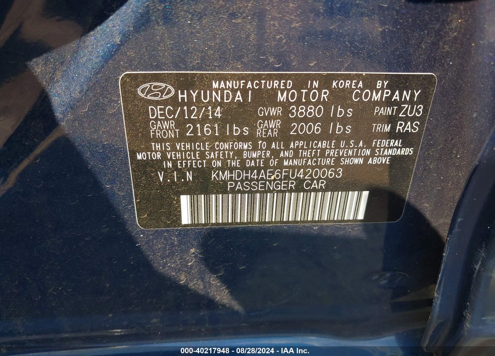 2015 HYUNDAI ELANTRA SE VIN: KMHDH4AE6FU420063