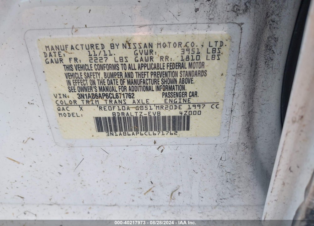 2012 NISSAN SENTRA VIN: 3N1AB6AP6CL671762