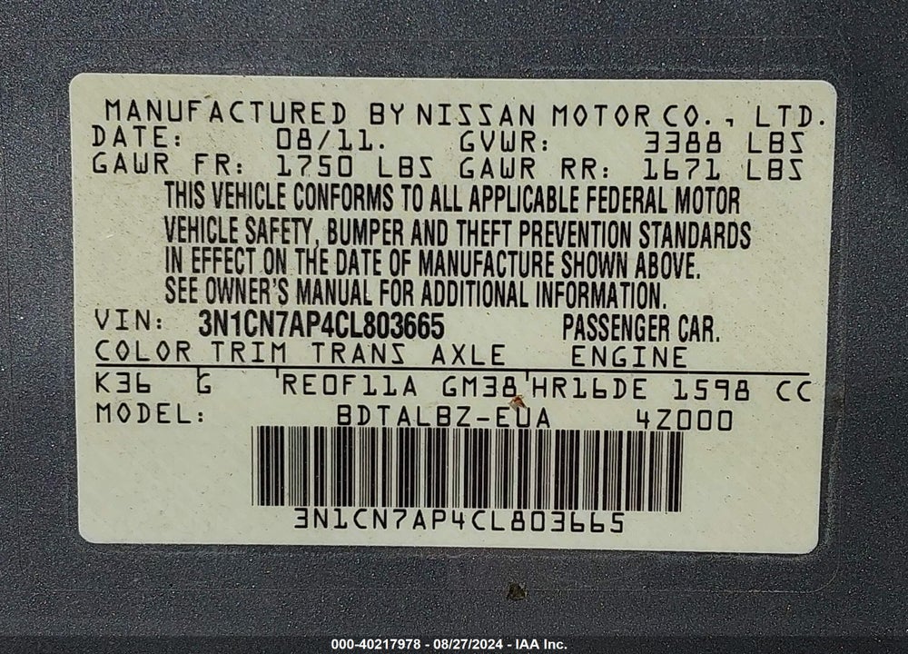 2012 NISSAN VERSA 1.6 SV VIN: 3N1CN7AP4CL803665