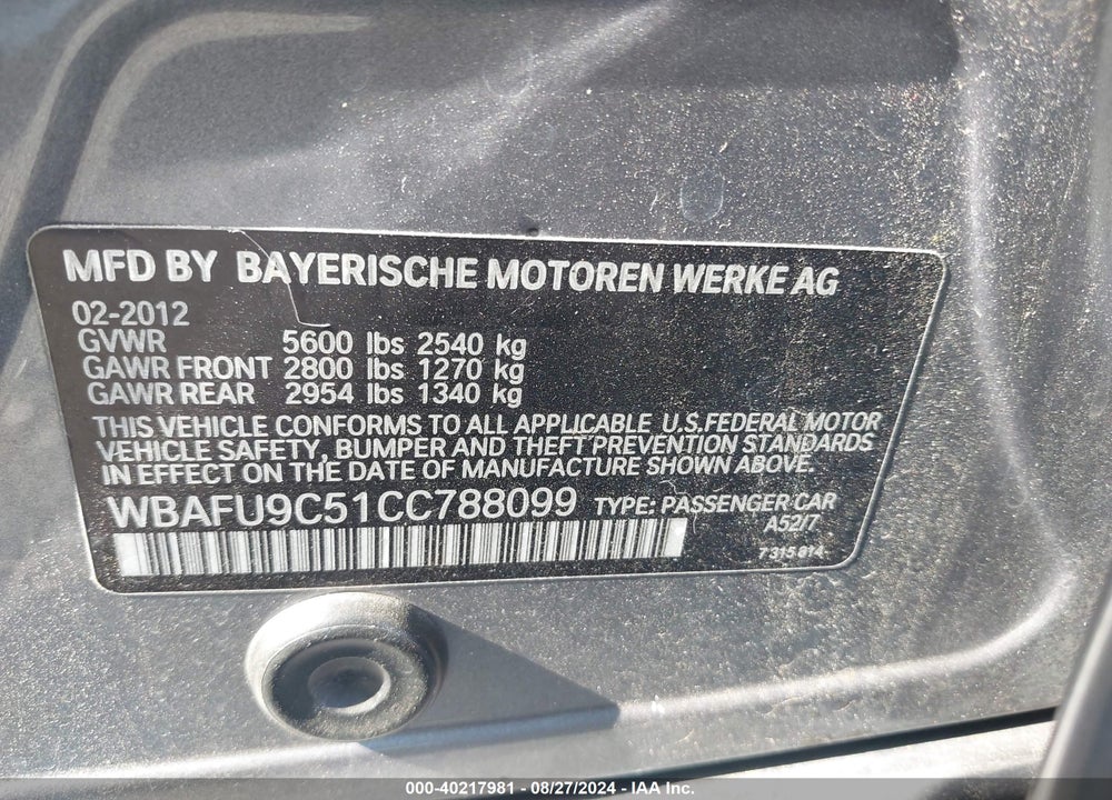2012 BMW 550I XDRIVE VIN: WBAFU9C51CC788099