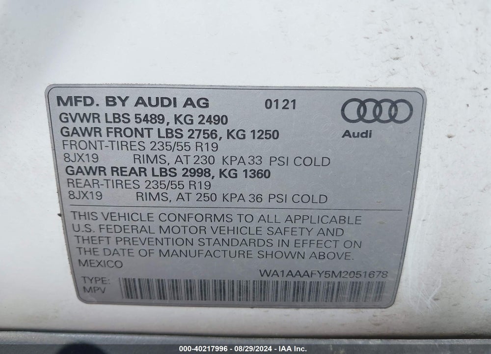 2021 AUDI Q5 PREMIUM 45 TFSI QUATTRO S TRONIC VIN: WA1AAAFY5M2051678