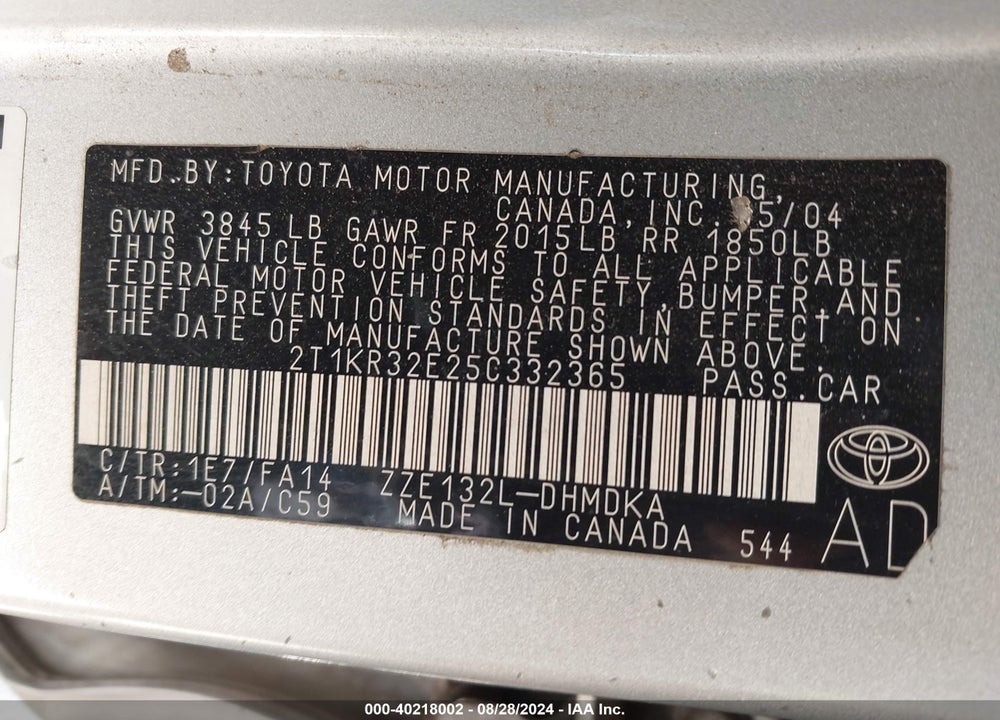 2005 TOYOTA MATRIX VIN: 2T1KR32E25C332365