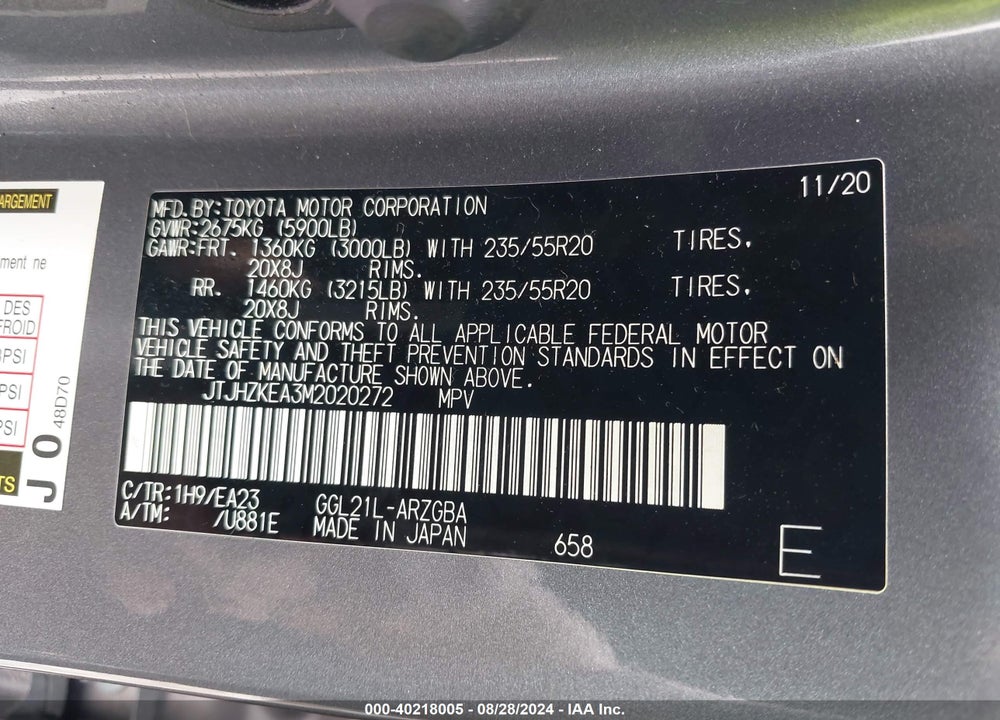 2021 LEXUS RX 350L VIN: JTJHZKEA3M2020272