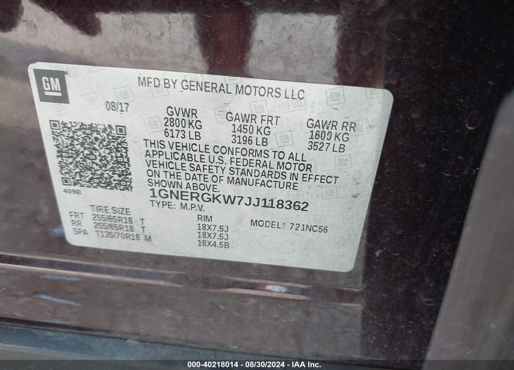 2018 CHEVROLET TRAVERSE 1LT VIN: 1GNERGKW7JJ118362