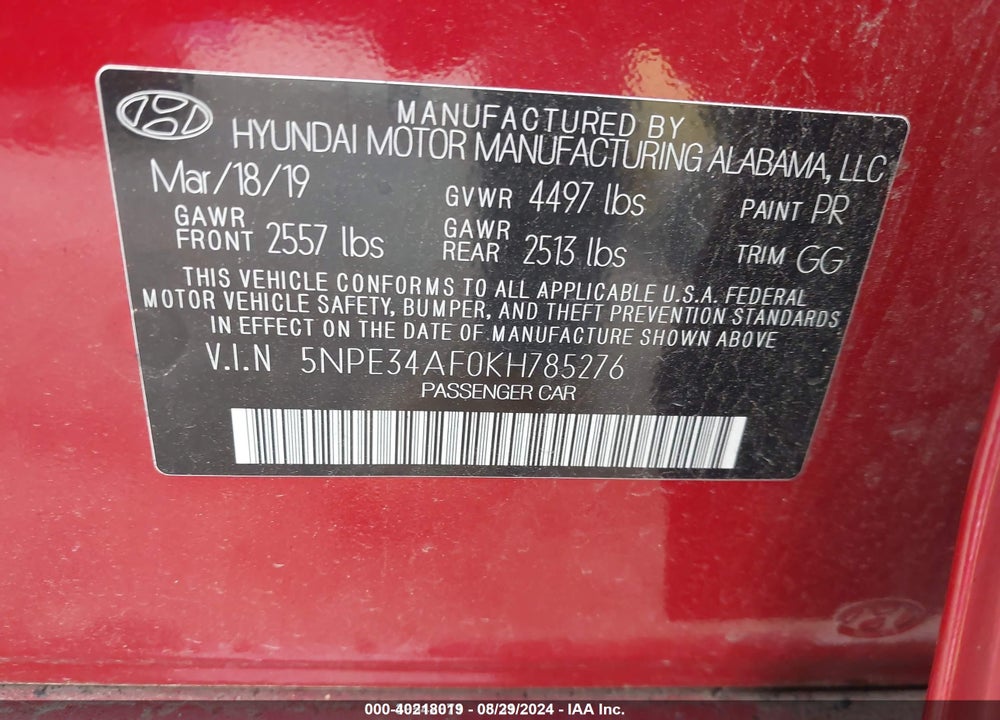 2019 HYUNDAI SONATA SEL VIN: 5NPE34AF0KH785276