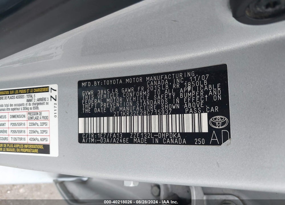 2008 TOYOTA MATRIX VIN: 2T1KR32E28C715937