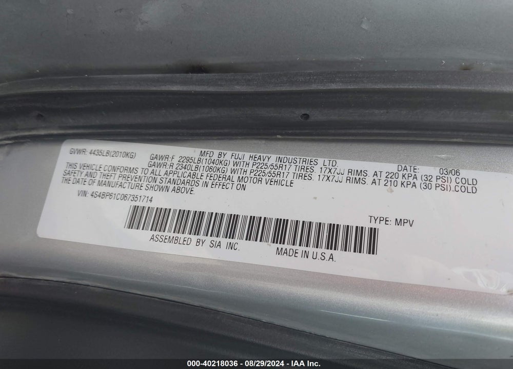 2006 SUBARU OUTBACK 2.5I VIN: 4S4BP61C067351714