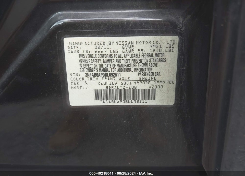 2011 NISSAN SENTRA 2.0S VIN: 3N1AB6AP0BL692511
