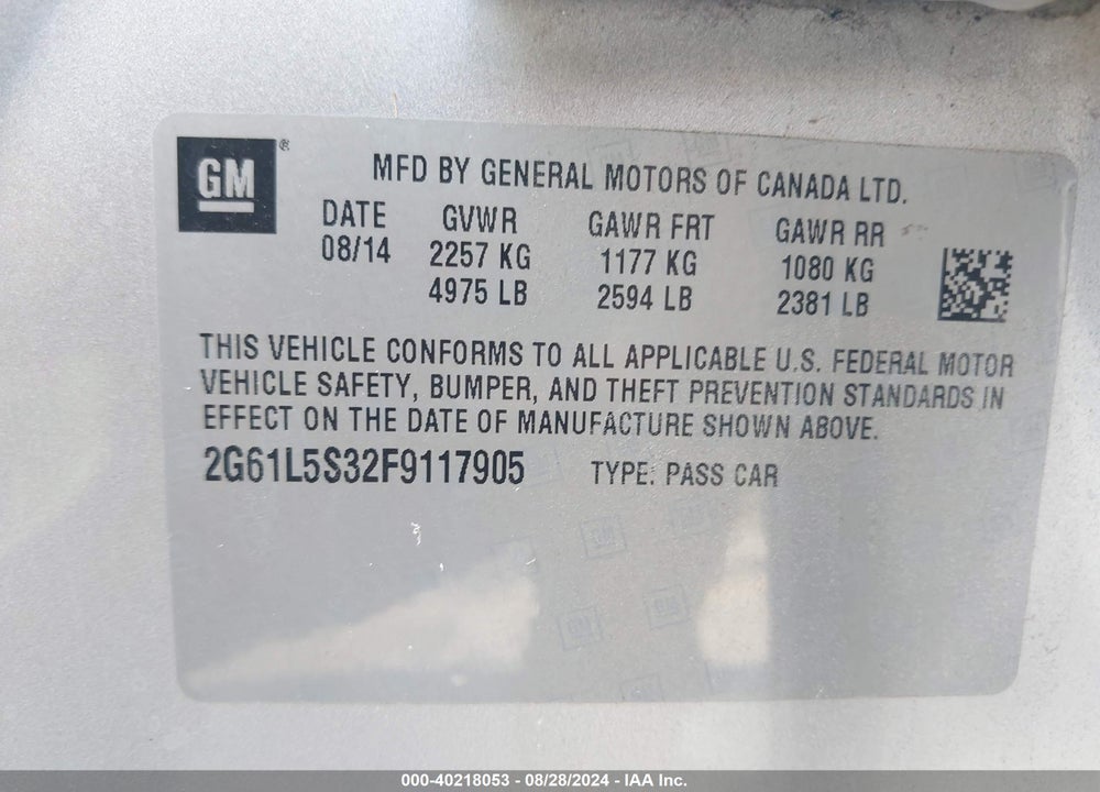 2015 CADILLAC XTS STANDARD VIN: 2G61L5S32F9117905
