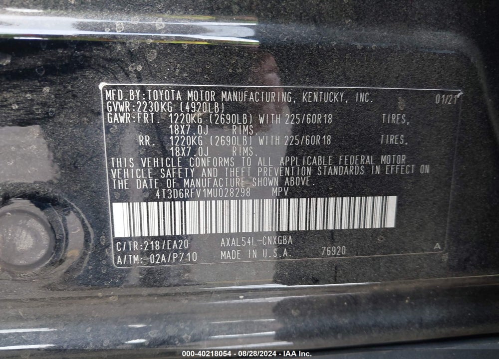 2021 TOYOTA RAV4 HYBRID LIMITED VIN: 4T3D6RFV1MU028298