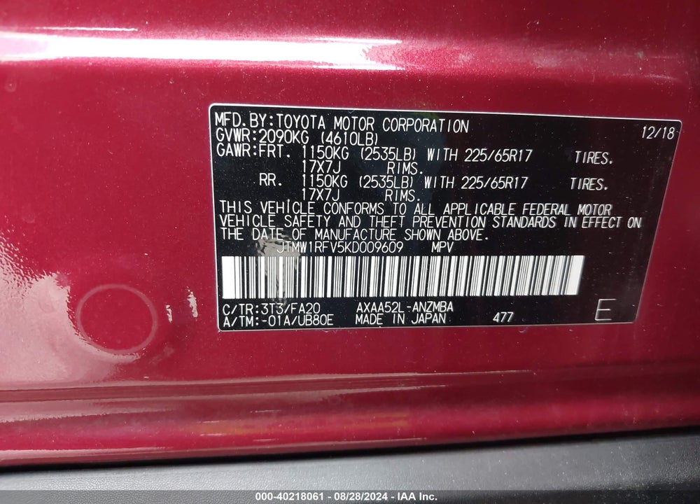 2019 TOYOTA RAV4 XLE VIN: JTMW1RFV5KD009609