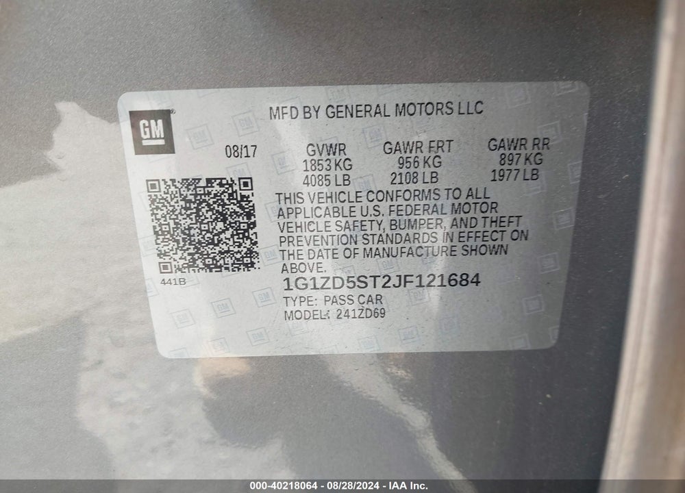 2018 CHEVROLET MALIBU LT VIN: 1G1ZD5ST2JF121684