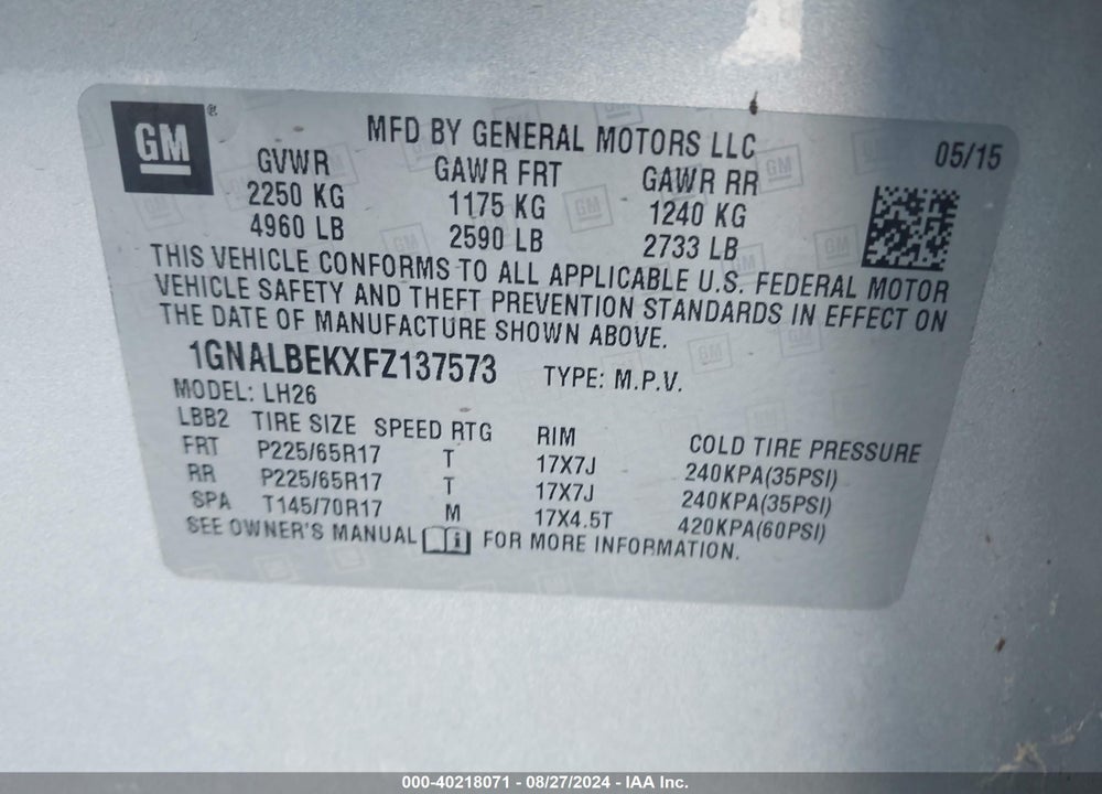 2015 CHEVROLET EQUINOX 1LT VIN: 1GNALBEKXFZ137573
