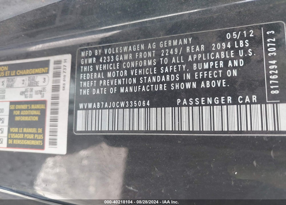 2012 VOLKSWAGEN GOLF 2.5L 2-DOOR VIN: WVWAB7AJ0CW335064