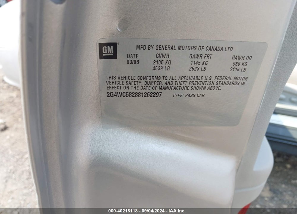 2008 BUICK LACROSSE CX VIN: 2G4WC582881262297