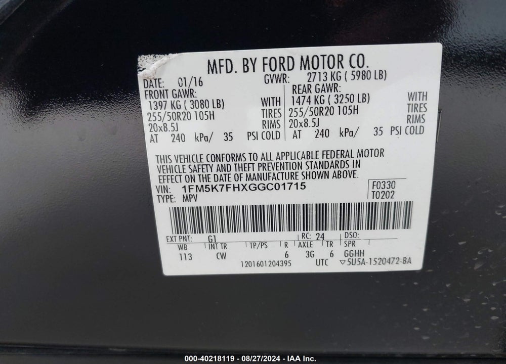 2016 FORD EXPLORER LIMITED VIN: 1FM5K7FHXGGC01715