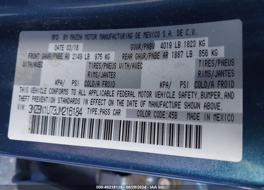2018 MAZDA 3 SPORT VIN: 3MZBN1U73JM216184
