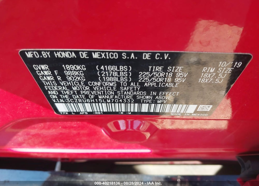 2020 HONDA HR-V AWD SPORT VIN: 3CZRU6H15LM704332