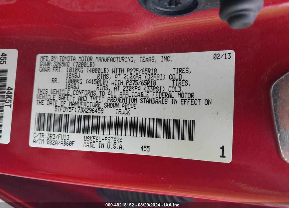 2013 TOYOTA TUNDRA GRADE 5.7L V8 VIN: 5TFDY5F17DX296459