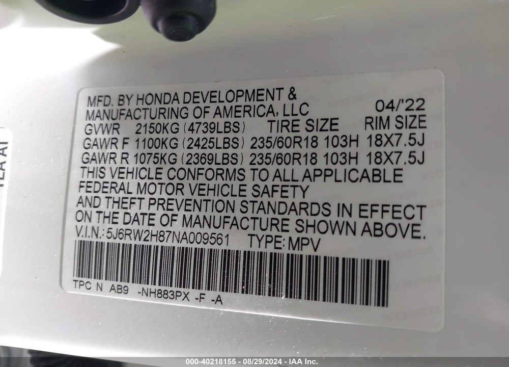 2022 HONDA CR-V AWD EX-L VIN: 5J6RW2H87NA009561